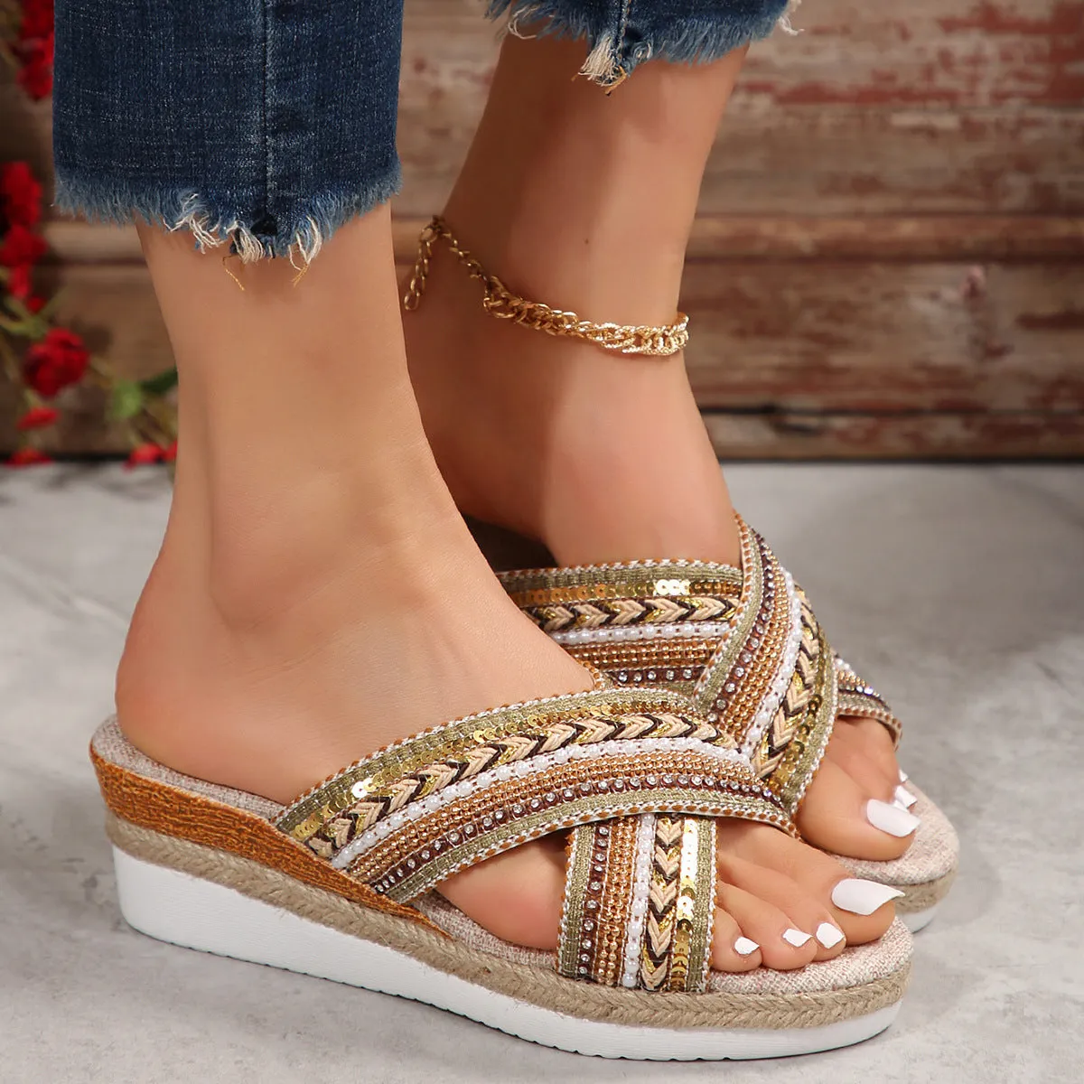 Women's linen wedge sandals in beige with ethnic cross-strap design and non-slip rubber sole