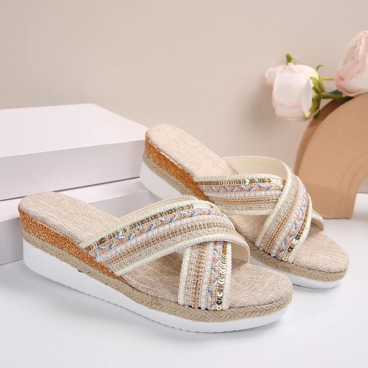 Women's linen wedge sandals in beige with ethnic cross-strap design and non-slip rubber sole