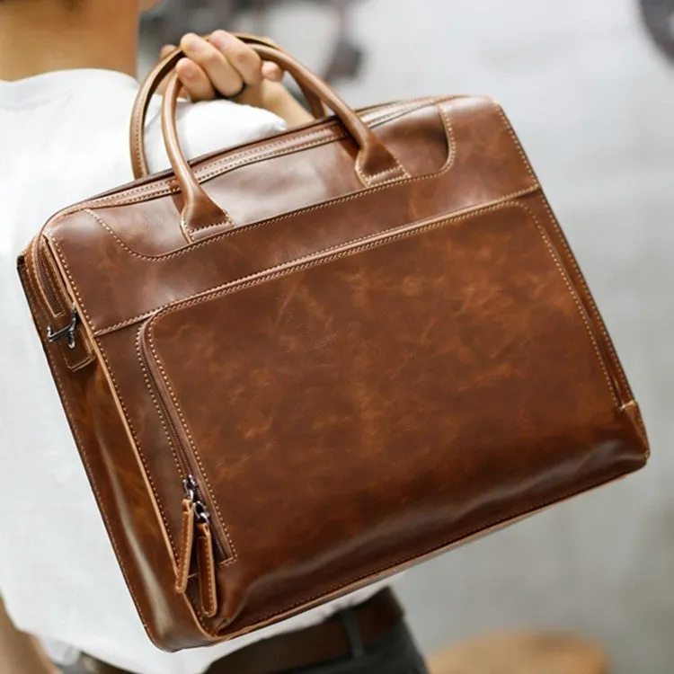 Men's genuine cowhide leather handbag coffee brown colour 38cm width 31cm height zipper closure
