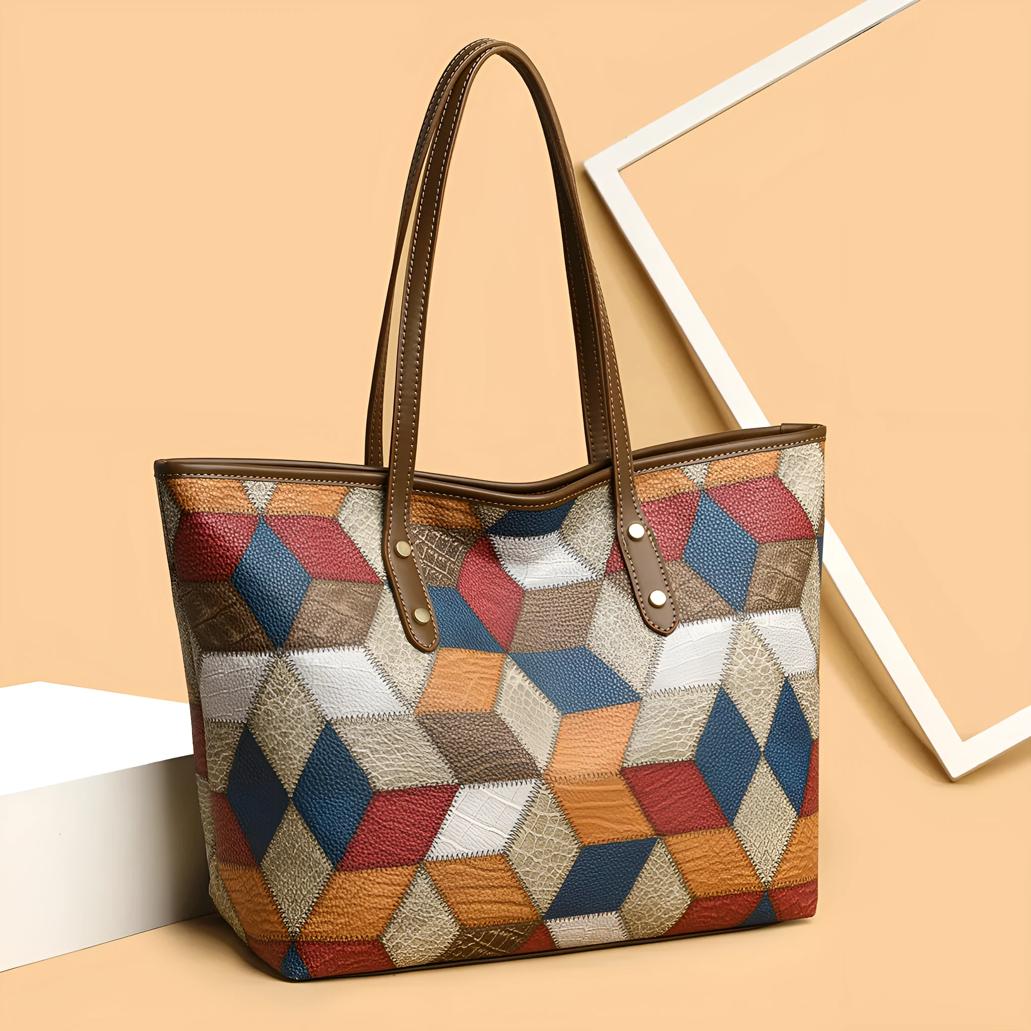 Women's large capacity PVC shoulder handbag in blue brown colour with sandwich pocket organisation