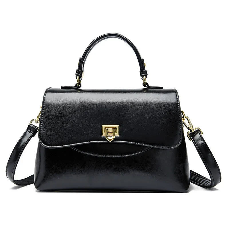 Women's large-capacity soft PU shoulder tote bag in black with horizontal square shape and sewing line detail