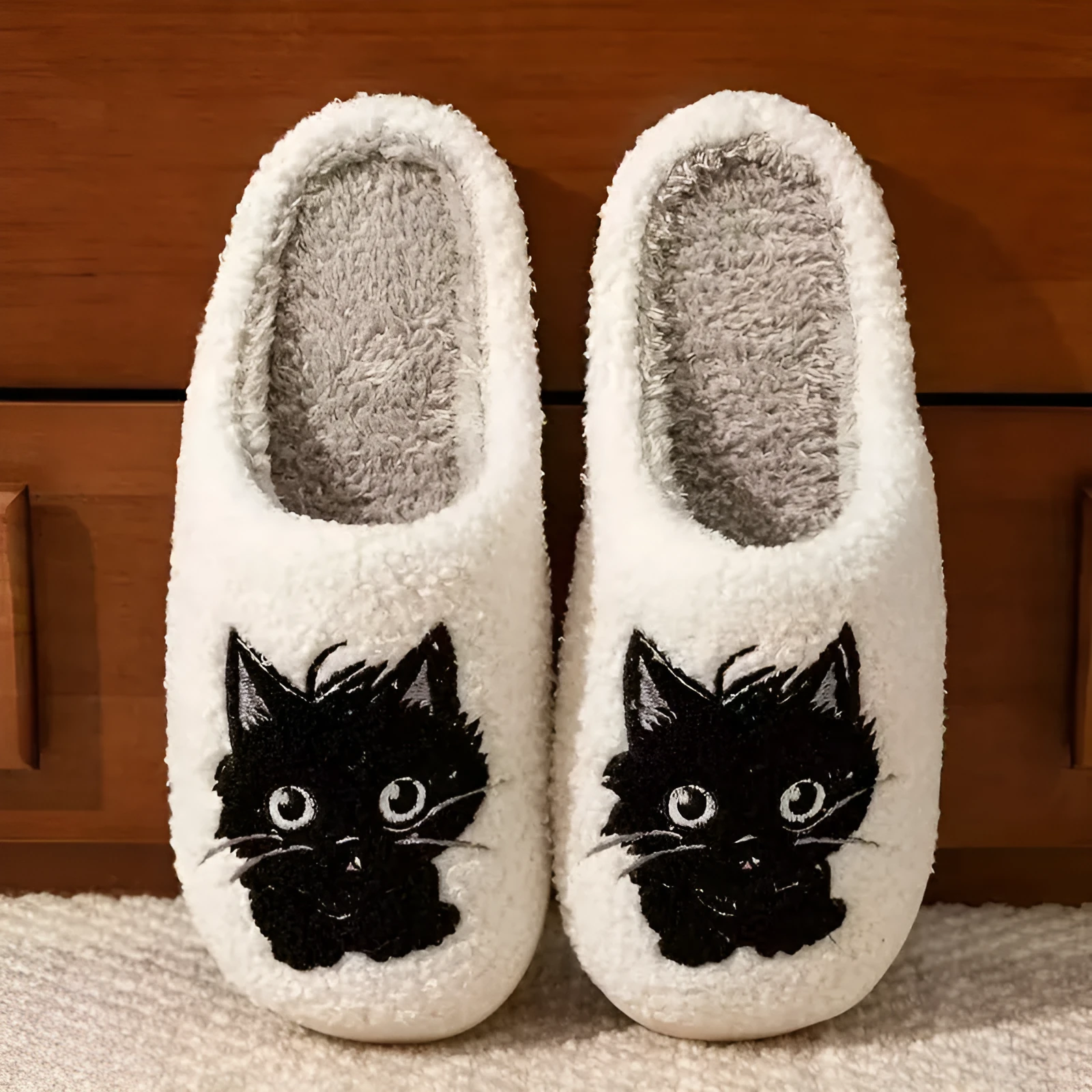 White plush couple slippers with a black beard cat cartoon pattern and a non-slip sole
