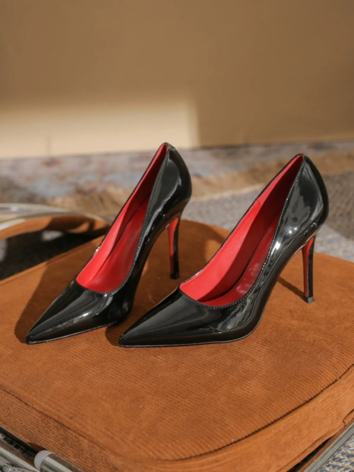 Women's pointed toe stiletto heel PU patent leather single shoes in apricot colour with shallow cut
