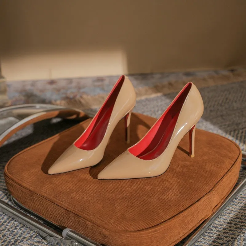 Women's pointed toe stiletto heel PU patent leather single shoes in apricot colour with shallow cut