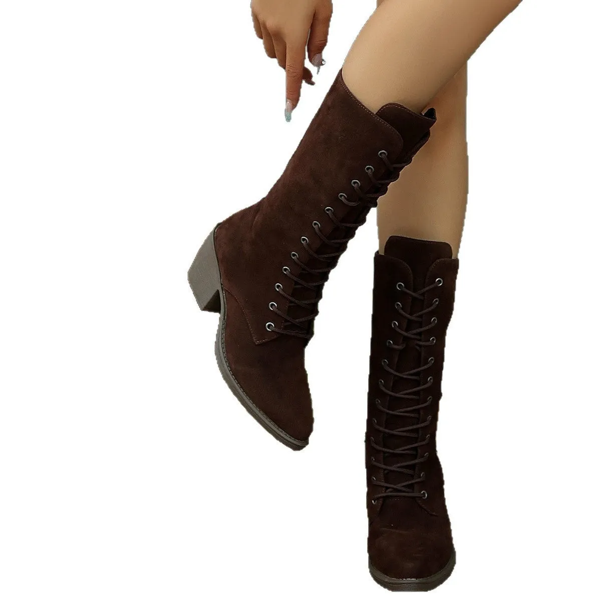 Women's black suede lace-up chunky heel boots, mid-calf pointed toe, height increase
