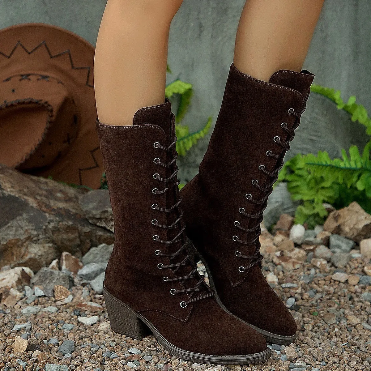 Women's black suede lace-up chunky heel boots, mid-calf pointed toe, height increase