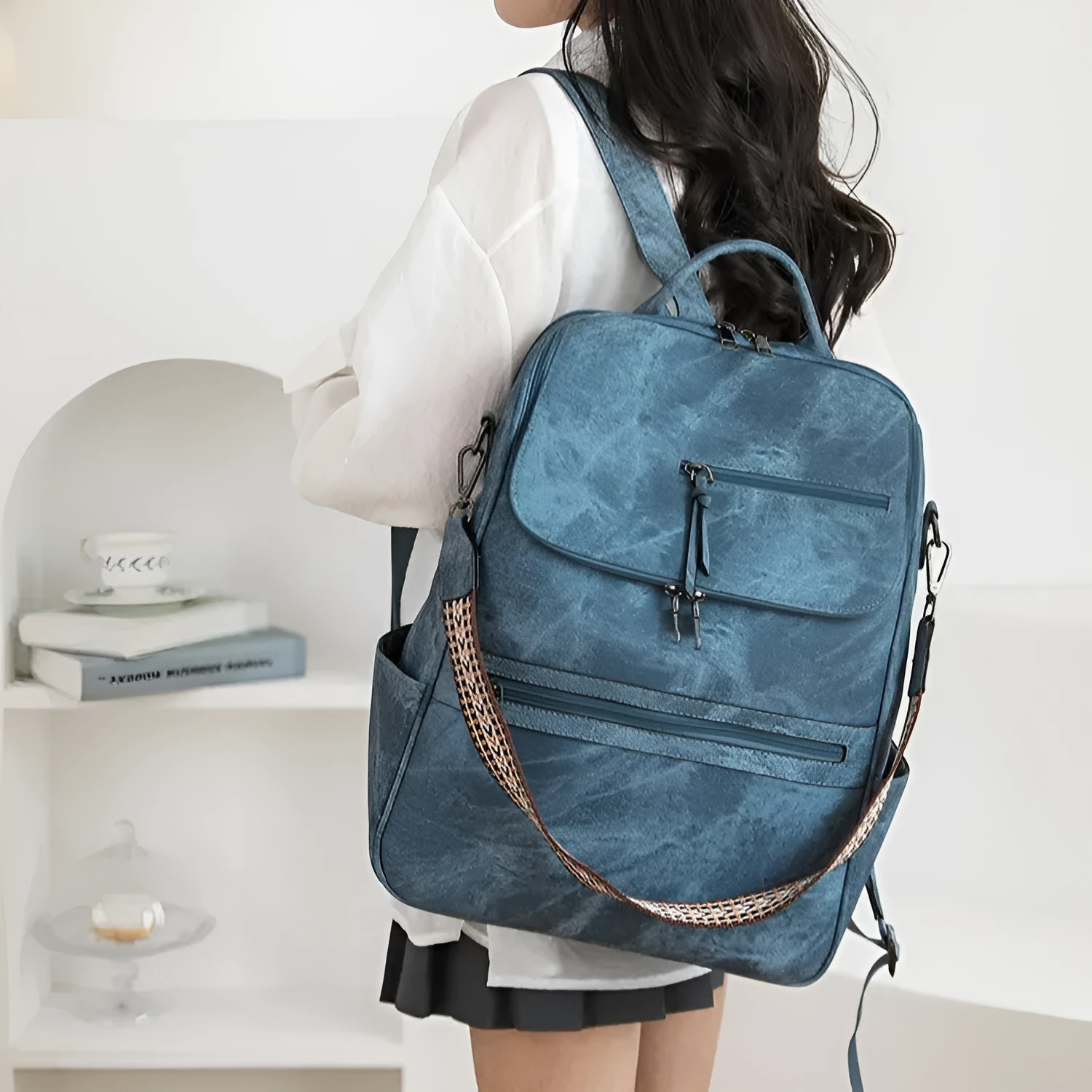 Retro college style PU backpack with curved shoulder straps, shown in one of six available colours.