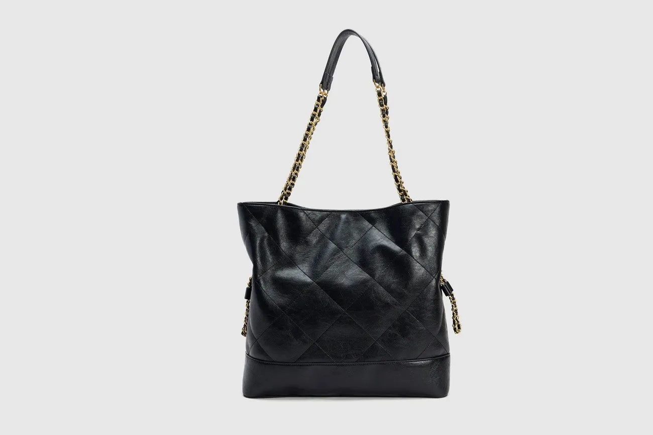 Special design large capacity black PU shoulder handbag with diamond chain detail and double straps