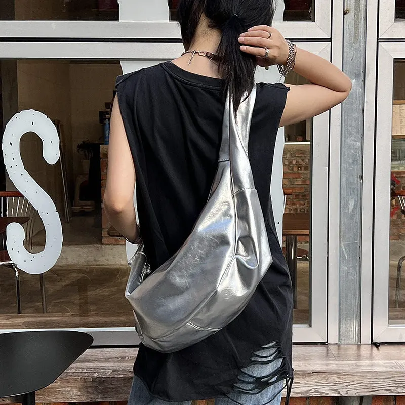 Soft PU large capacity commuter shoulder bag in black, horizontal square shape, with single shoulder strap
