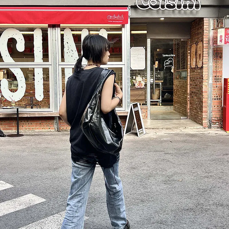 Soft PU large capacity commuter shoulder bag in black, horizontal square shape, with single shoulder strap
