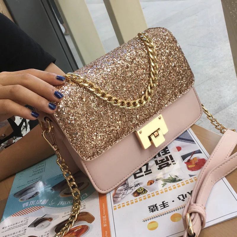 Women's small square sequined PU leather shoulder bag with lock closure, pink colour, 22x16x9cm