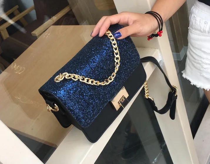 Women's small square sequined PU leather shoulder bag with lock closure, pink colour, 22x16x9cm