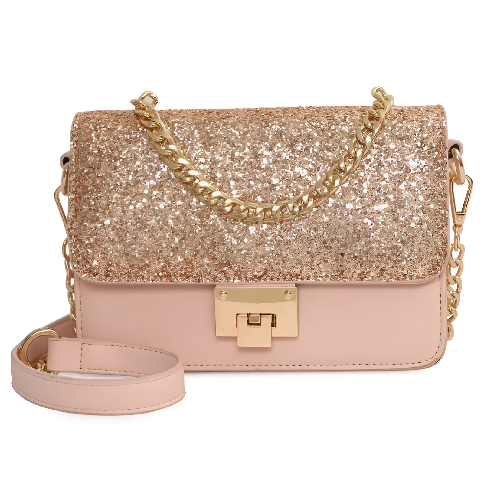 Women's small square sequined PU leather shoulder bag with lock closure, pink colour, 22x16x9cm