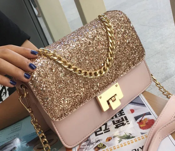Women's small square sequined PU leather shoulder bag with lock closure, pink colour, 22x16x9cm