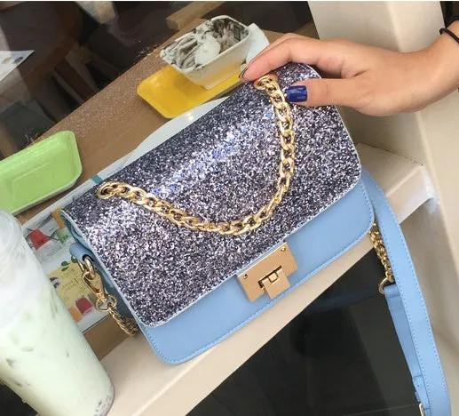 Women's small square sequined PU leather shoulder bag with lock closure, pink colour, 22x16x9cm