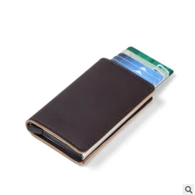 PU automatic card holder with aluminium alloy metal texture, slim design, RFID blocking card case