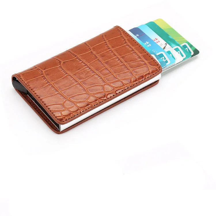 PU automatic card holder with aluminium alloy metal texture, slim design, RFID blocking card case