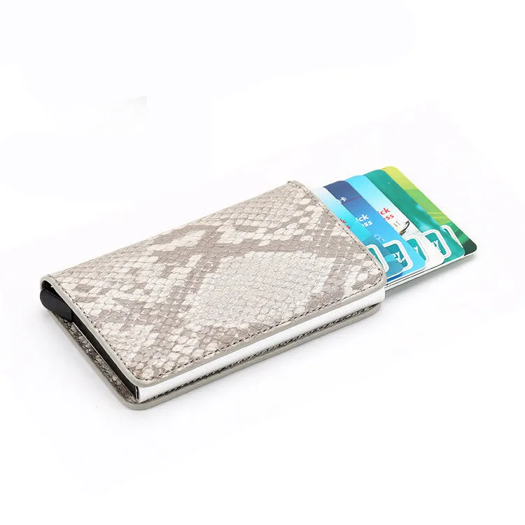 PU automatic card holder with aluminium alloy metal texture, slim design, RFID blocking card case