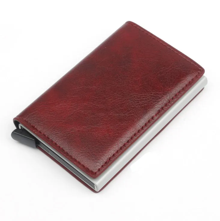 PU automatic card holder with aluminium alloy metal texture, slim design, RFID blocking card case