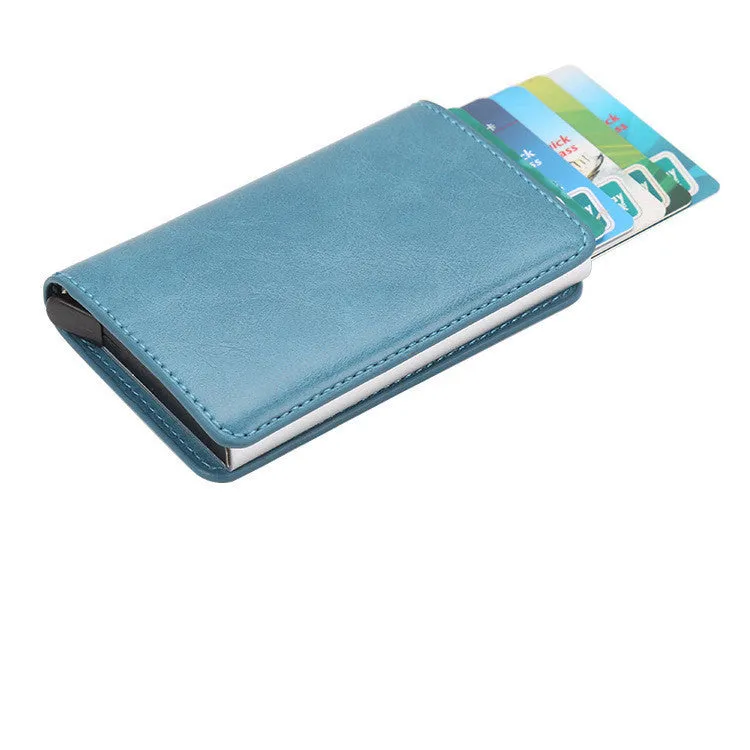 PU automatic card holder with aluminium alloy metal texture, slim design, RFID blocking card case