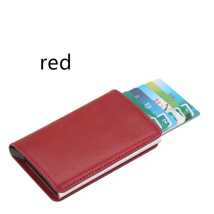 PU automatic card holder with aluminium alloy metal texture, slim design, RFID blocking card case