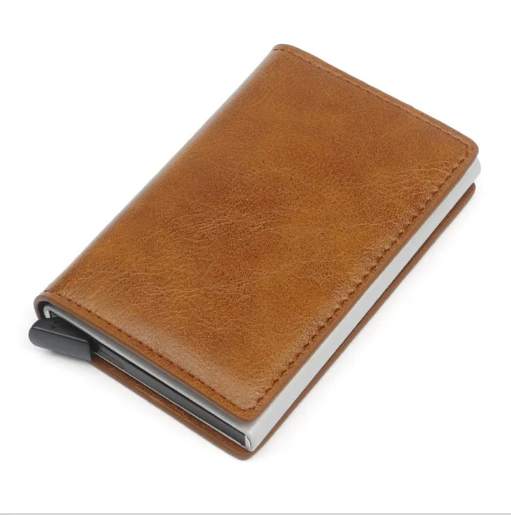 PU automatic card holder with aluminium alloy metal texture, slim design, RFID blocking card case
