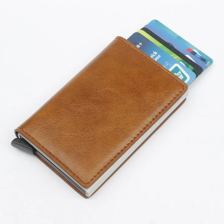 PU automatic card holder with aluminium alloy metal texture, slim design, RFID blocking card case