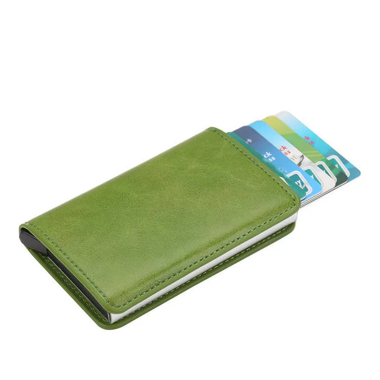 PU automatic card holder with aluminium alloy metal texture, slim design, RFID blocking card case