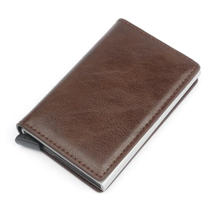PU automatic card holder with aluminium alloy metal texture, slim design, RFID blocking card case