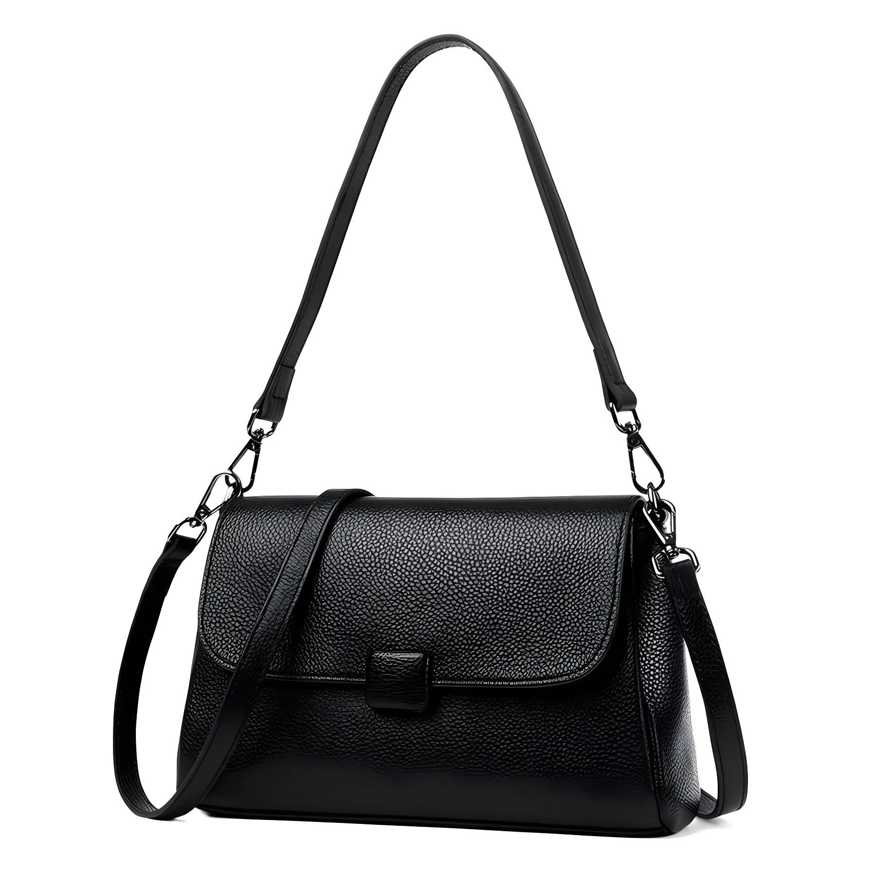 Genuine first-layer cowhide leather shoulder bag in horizontal square shape, 26x16x9cm, black colour, with top zipper and sandwich pocket