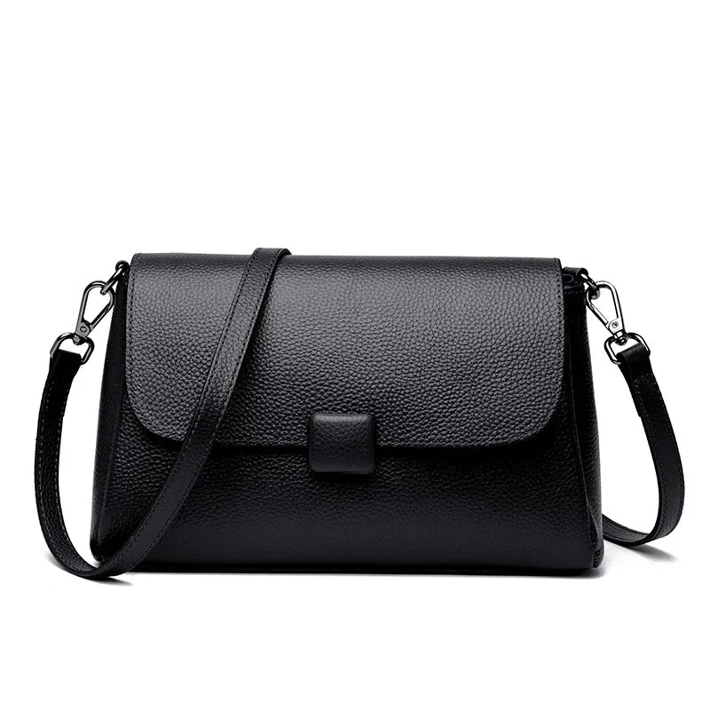 Genuine first-layer cowhide leather shoulder bag in horizontal square shape, 26x16x9cm, black colour, with top zipper and sandwich pocket