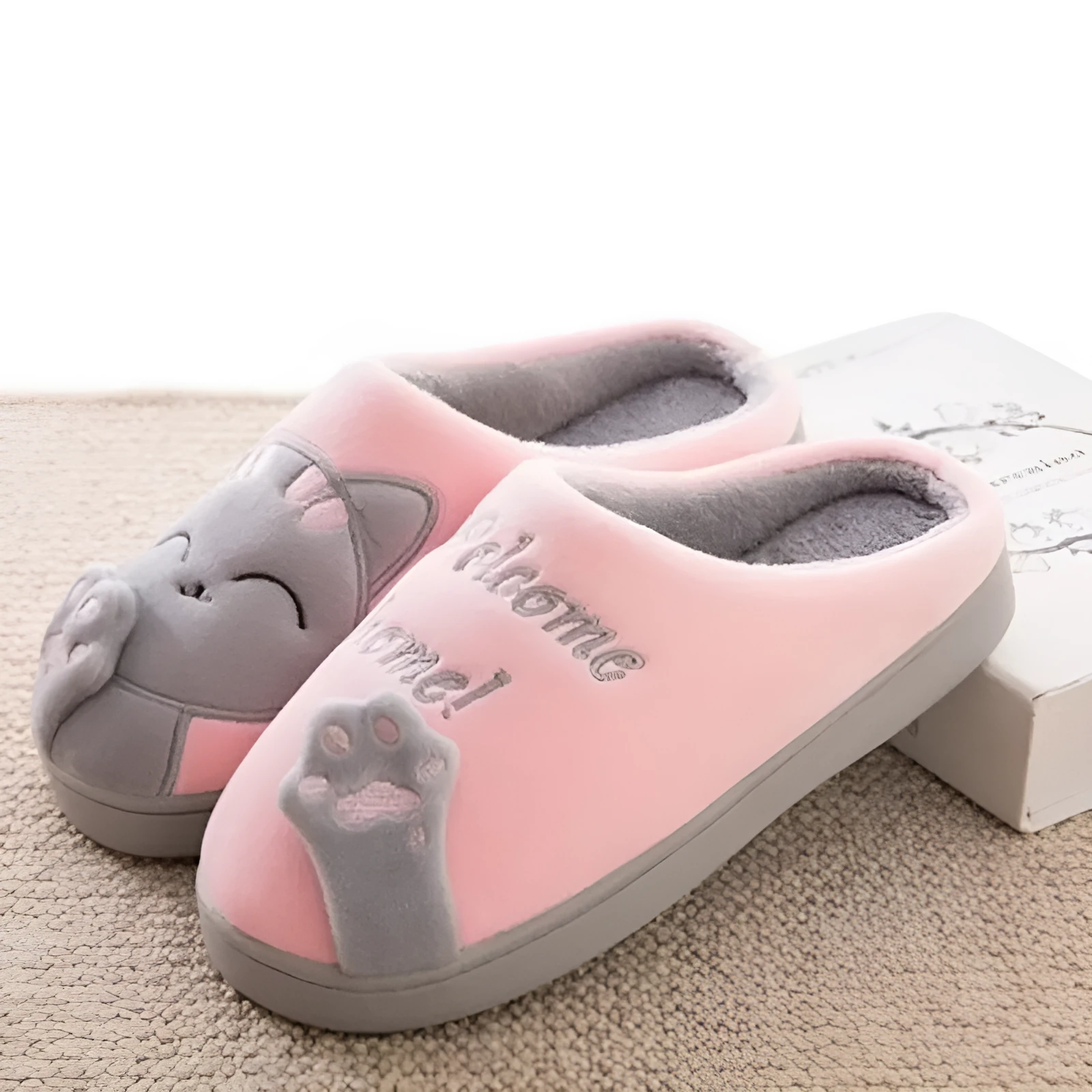 LovelyCotton cat face indoor slippers with soft suede vamp and warm plush lining in gray colour