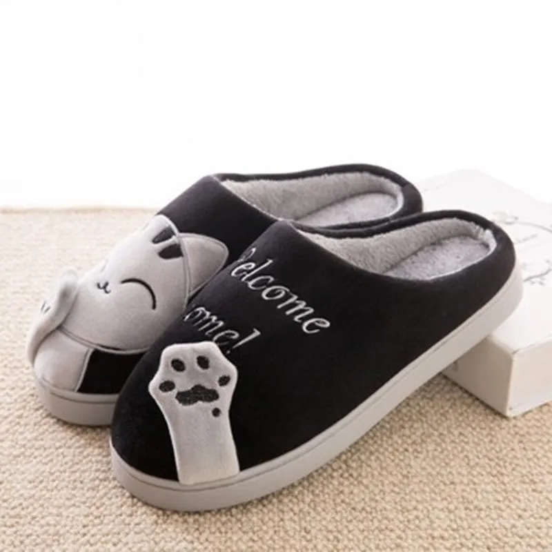 LovelyCotton cat face indoor slippers with soft suede vamp and warm plush lining in gray colour
