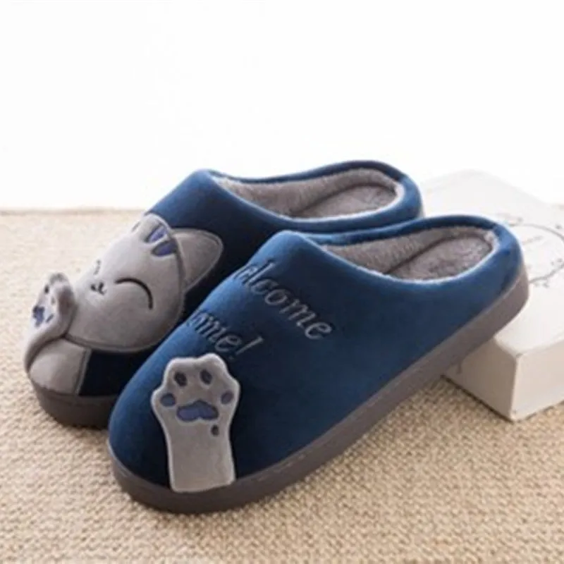 LovelyCotton cat face indoor slippers with soft suede vamp and warm plush lining in gray colour