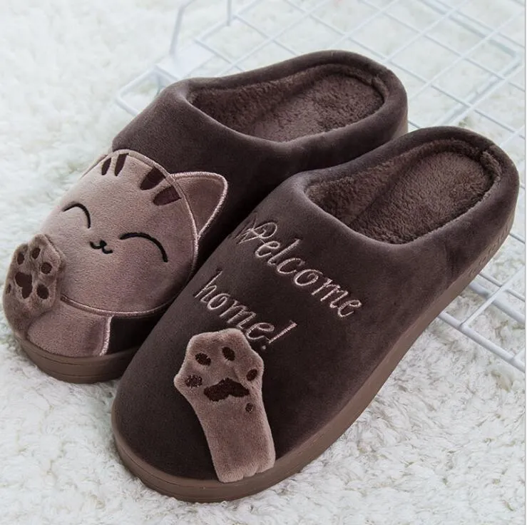 LovelyCotton cat face indoor slippers with soft suede vamp and warm plush lining in gray colour