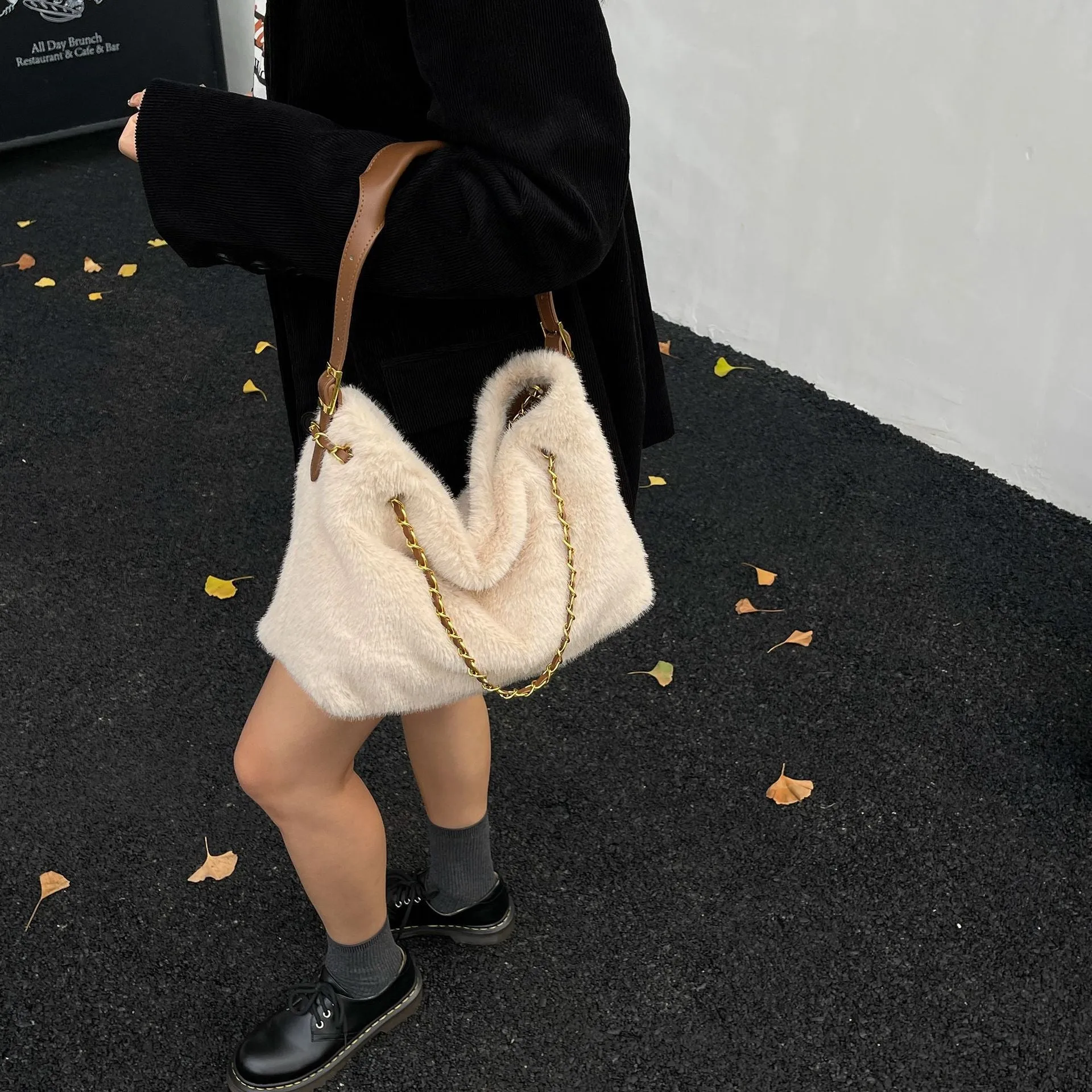 Large capacity fur shoulder messenger bag for women, plush material, horizontal square shape, chain and stitching details, apricot colour