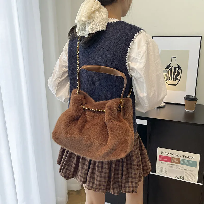 Large capacity fur shoulder messenger bag for women, plush material, horizontal square shape, chain and stitching details, apricot colour