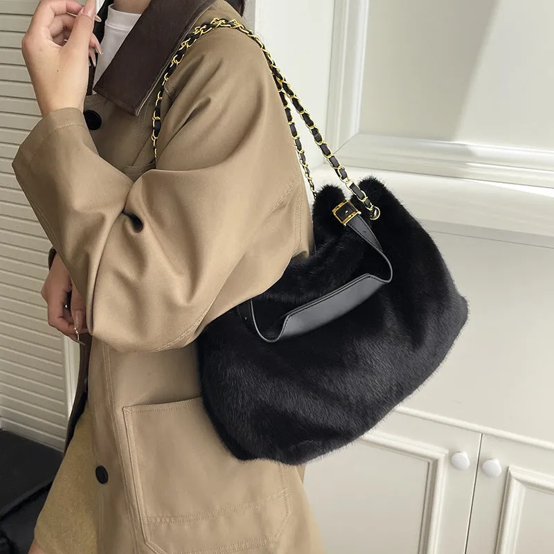 Large capacity fur shoulder messenger bag for women, plush material, horizontal square shape, chain and stitching details, apricot colour