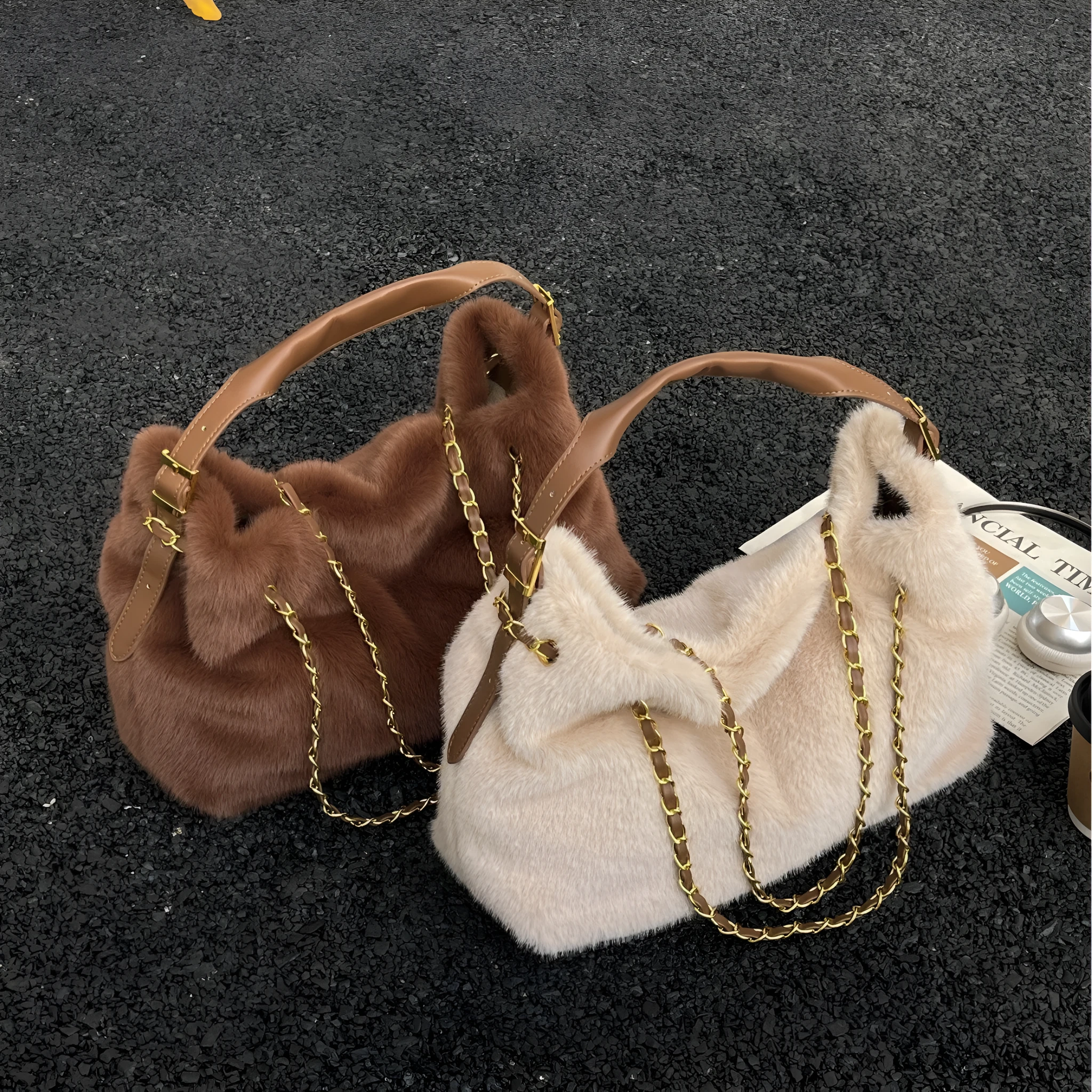 Large capacity fur shoulder messenger bag for women, plush material, horizontal square shape, chain and stitching details, apricot colour