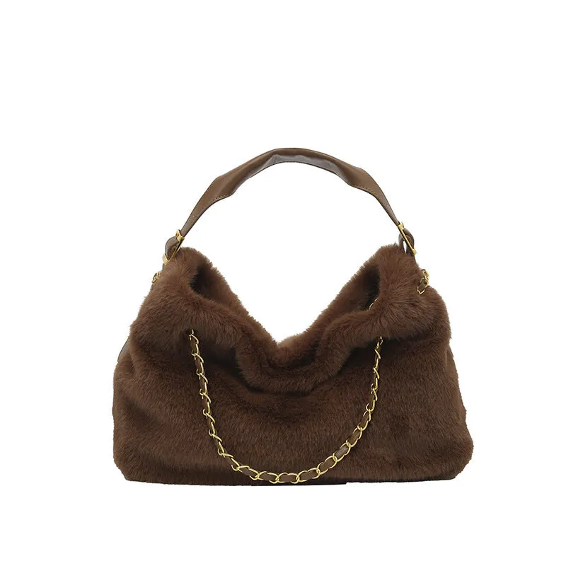 Large capacity fur shoulder messenger bag for women, plush material, horizontal square shape, chain and stitching details, apricot colour