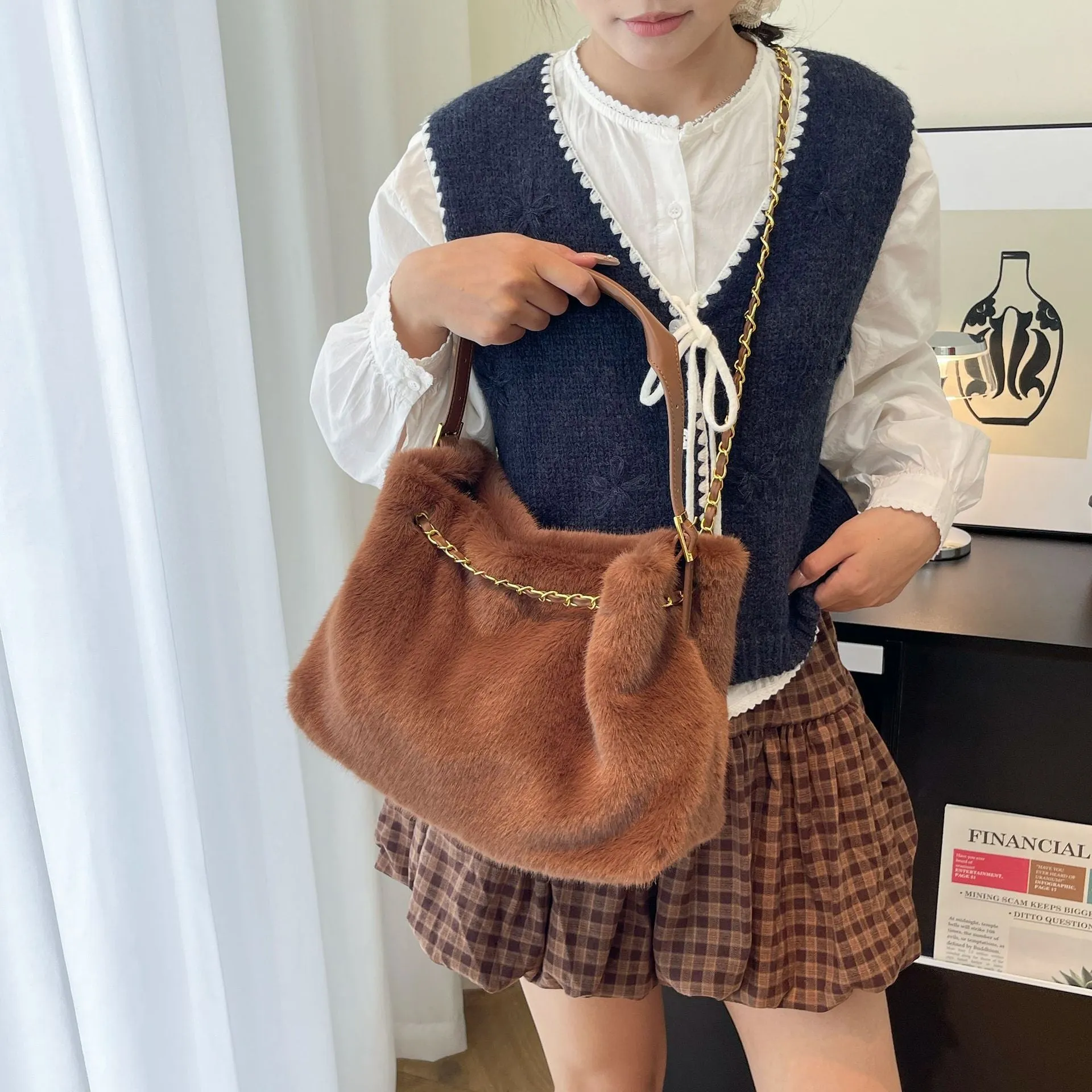 Large capacity fur shoulder messenger bag for women, plush material, horizontal square shape, chain and stitching details, apricot colour