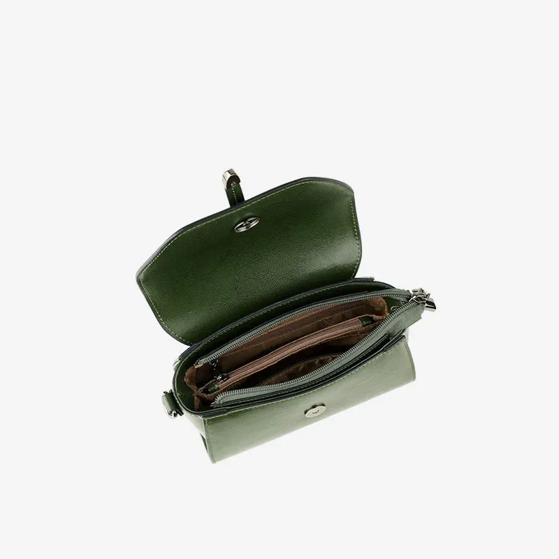 Genuine leather crossbody shoulder bag in dark brown, horizontal square shape with stitched details, 20x9x12 cm