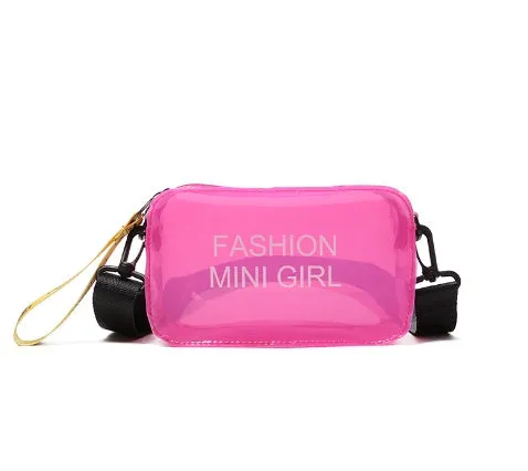 A transparent square jelly cross-body bag in a choice of colours, shown with an adjustable strap and a mobile phone inside.
