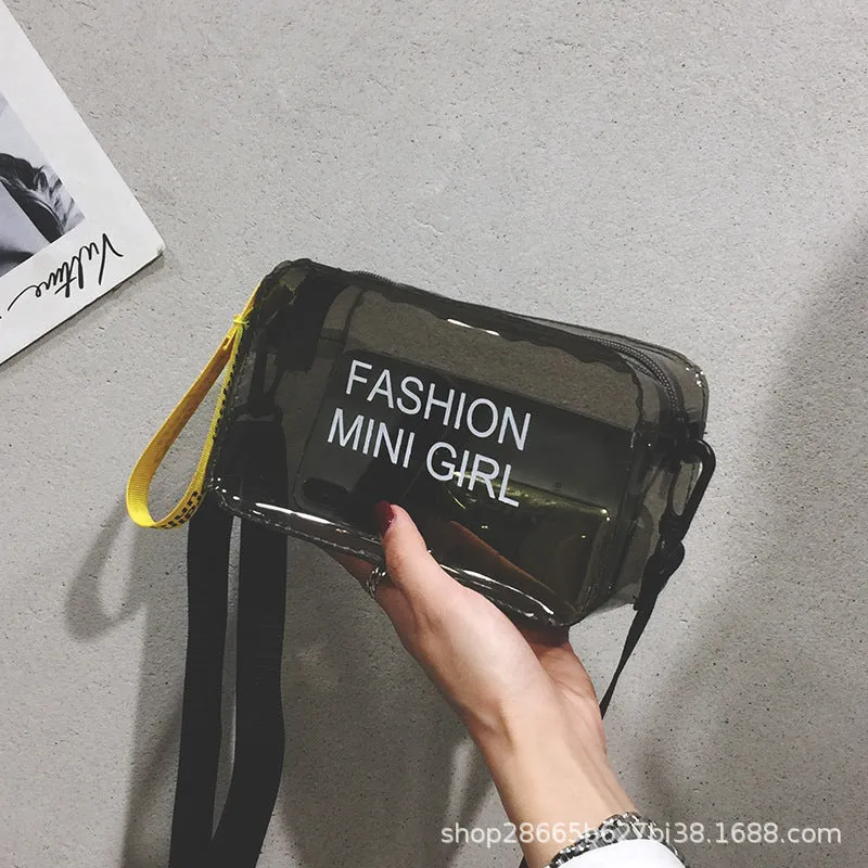 A transparent square jelly cross-body bag in a choice of colours, shown with an adjustable strap and a mobile phone inside.