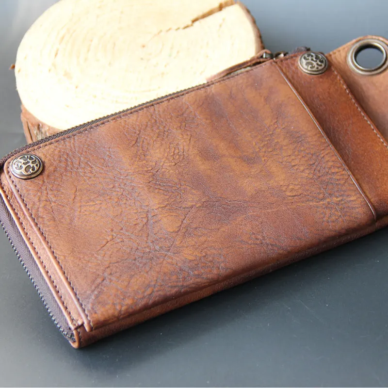 Retro long wallet handbag in bark brown first layer cowhide with 13 card slots and zipper bill pocket