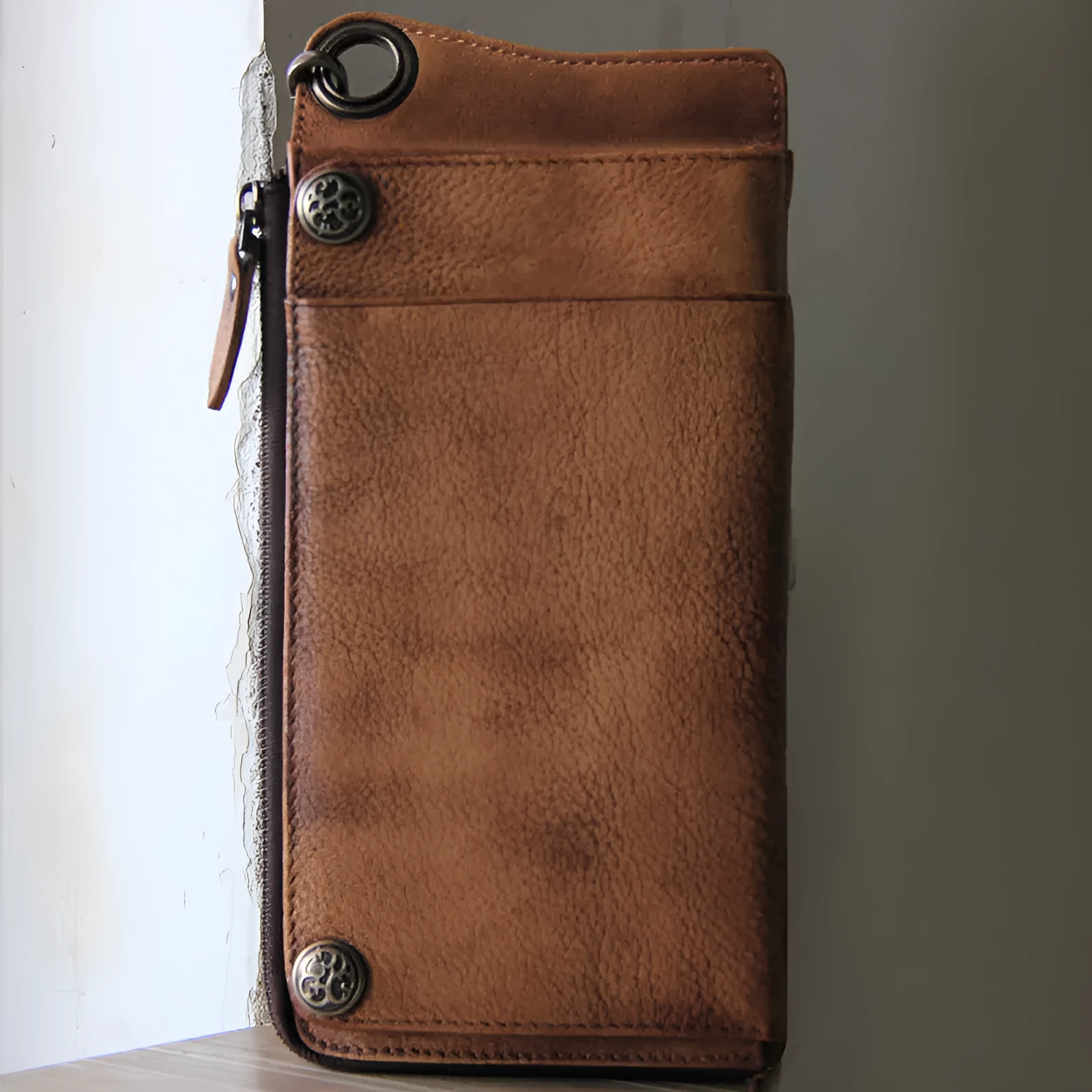 Retro long wallet handbag in bark brown first layer cowhide with 13 card slots and zipper bill pocket