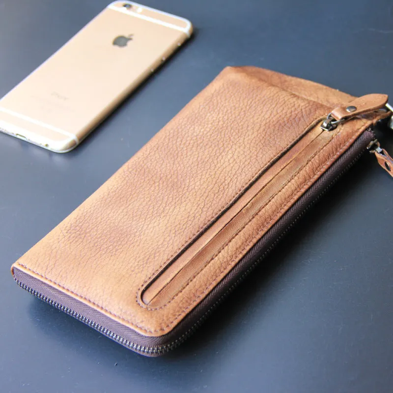 Retro long wallet handbag in bark brown first layer cowhide with 13 card slots and zipper bill pocket