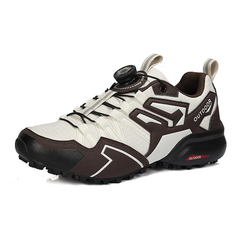 Men's beige hiking shoes with elastic band closure and rubber sole for outdoor walking