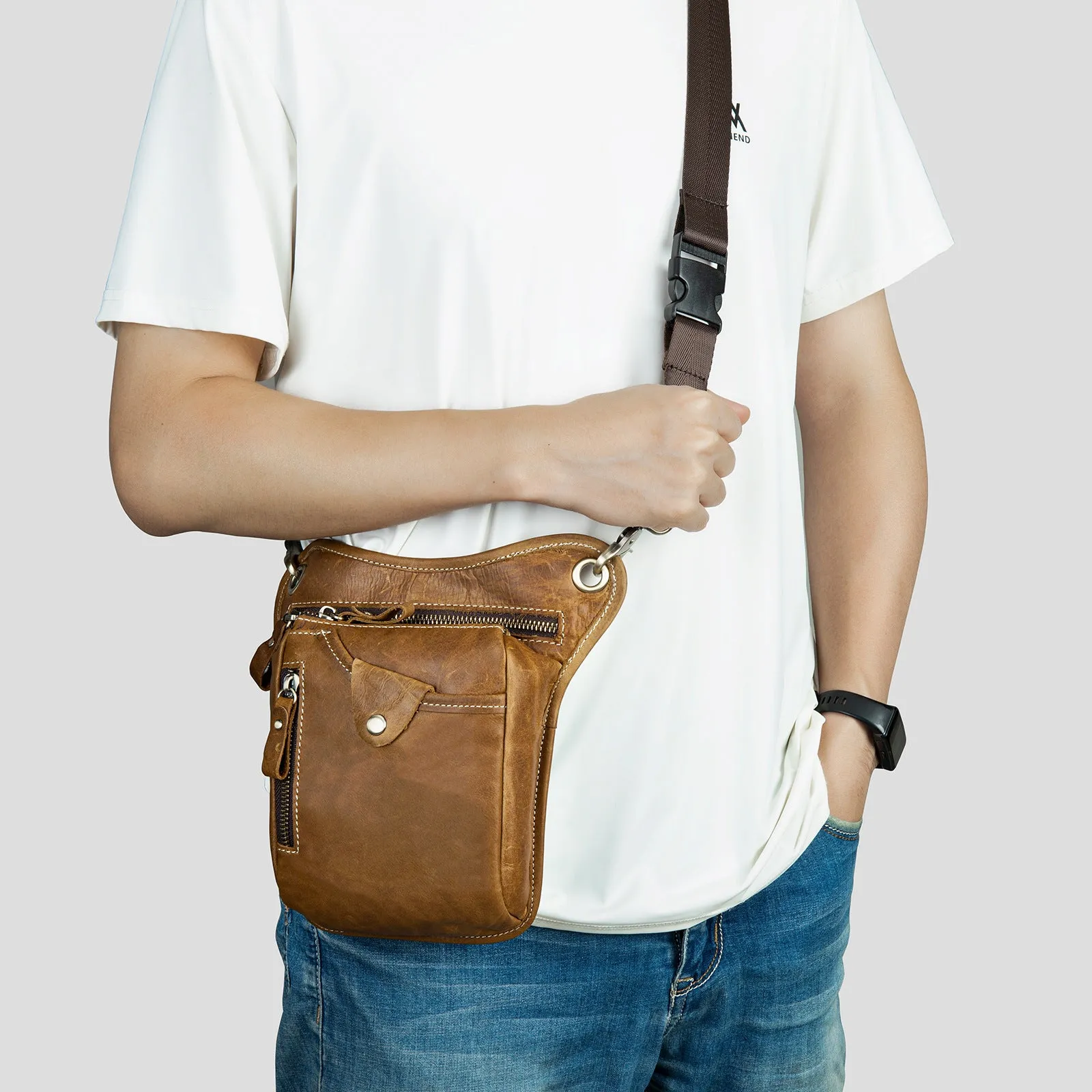 Men's genuine leather leg bag Crazy Horse Coffee colour first layer cowhide outdoor sports crossbody bag