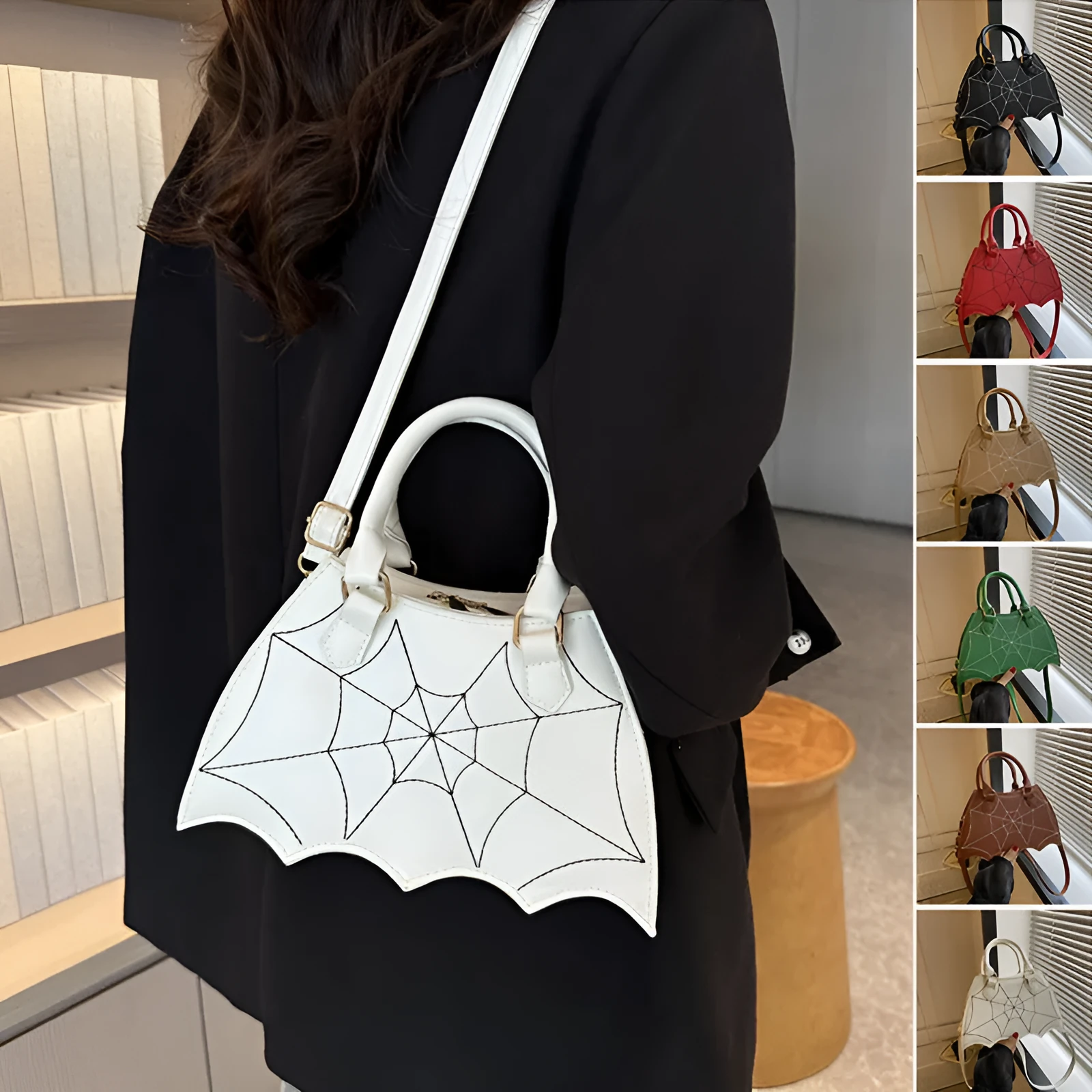 Women's small square PU saddle bag with spider web pattern, crossbody strap, and top handle, available in six colours including black and red